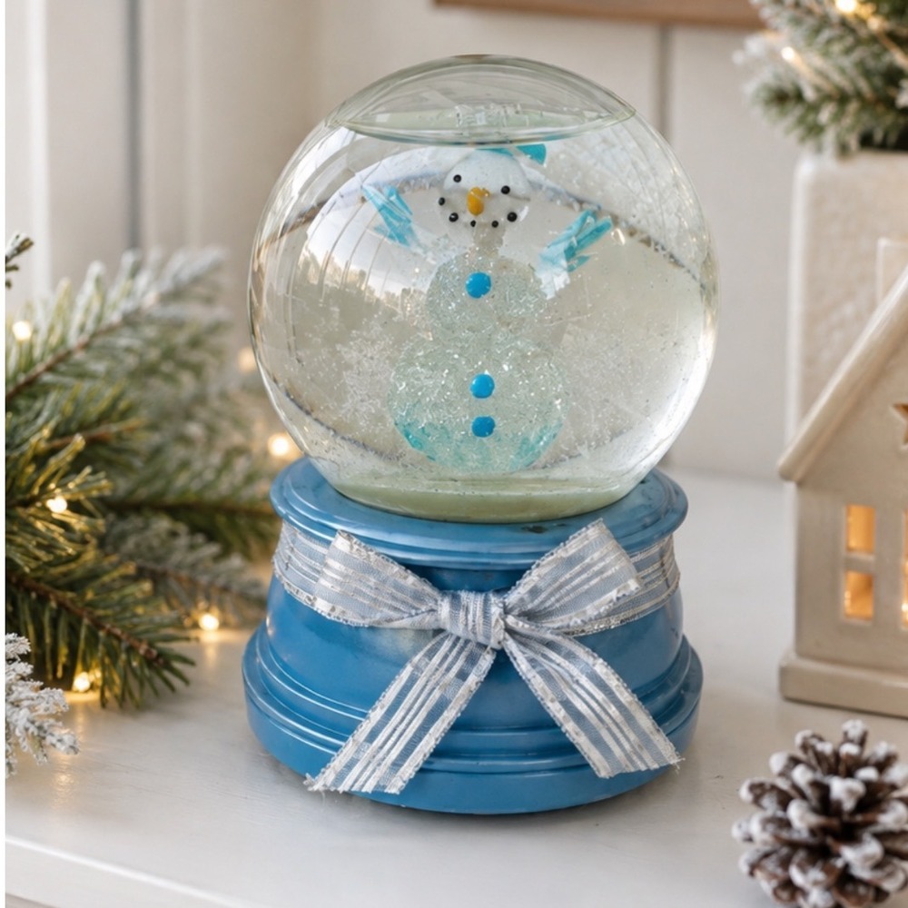 Blue Snowman Musical Snow Globe Silver Ribbon Wind Up Winter Holiday Decor